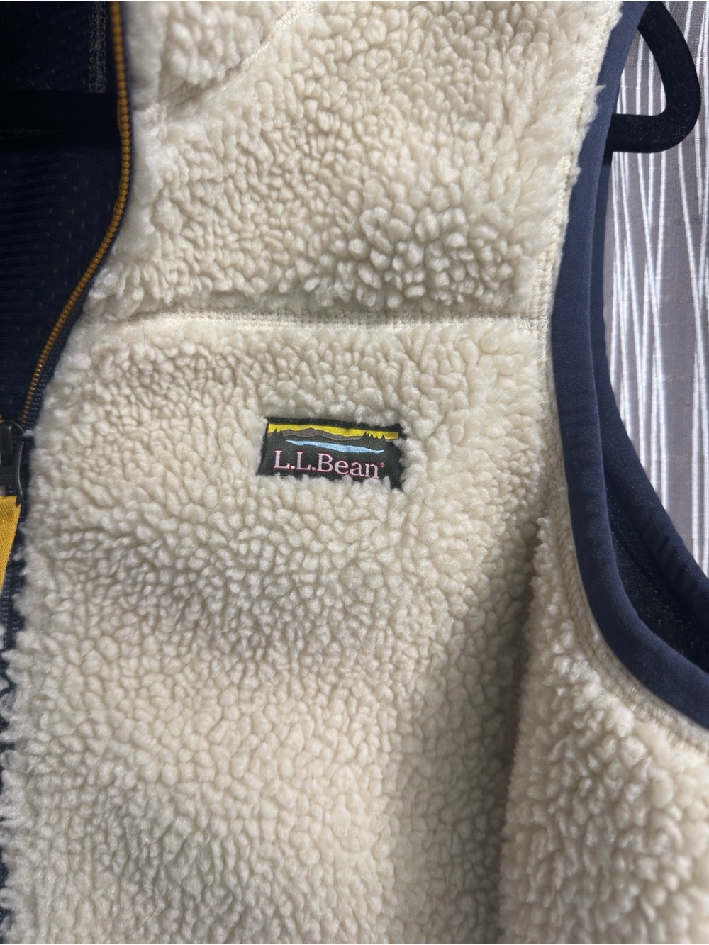 L.L. Bean Cream Sherpa Fleece Vest with Navy Trim and Yellow Accents - Picture 10 of 10